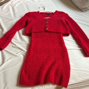 Girls Red Fuzzy Knit Dress and Cardigan Set